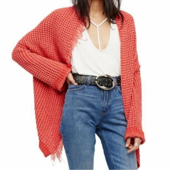 Free People I’ll Be Around Coral Orange Fringe Trim Cardigan Sweater Size S - Picture 2 of 5